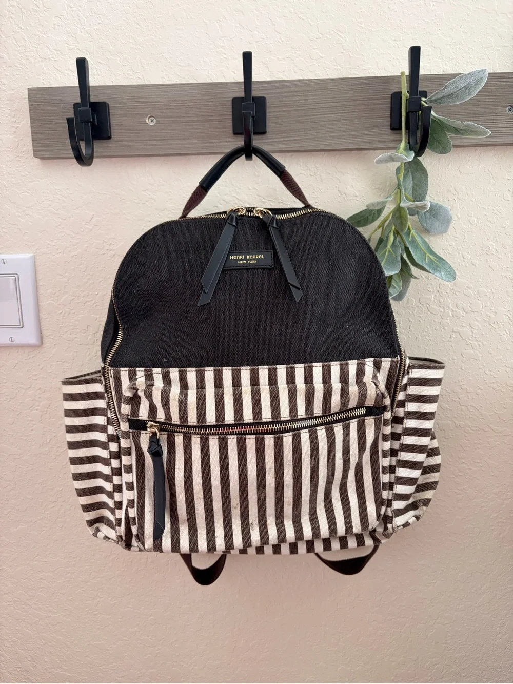 Henri Bendel Brown Stripe Backpack, Travel Backpack, Structurally Excellent